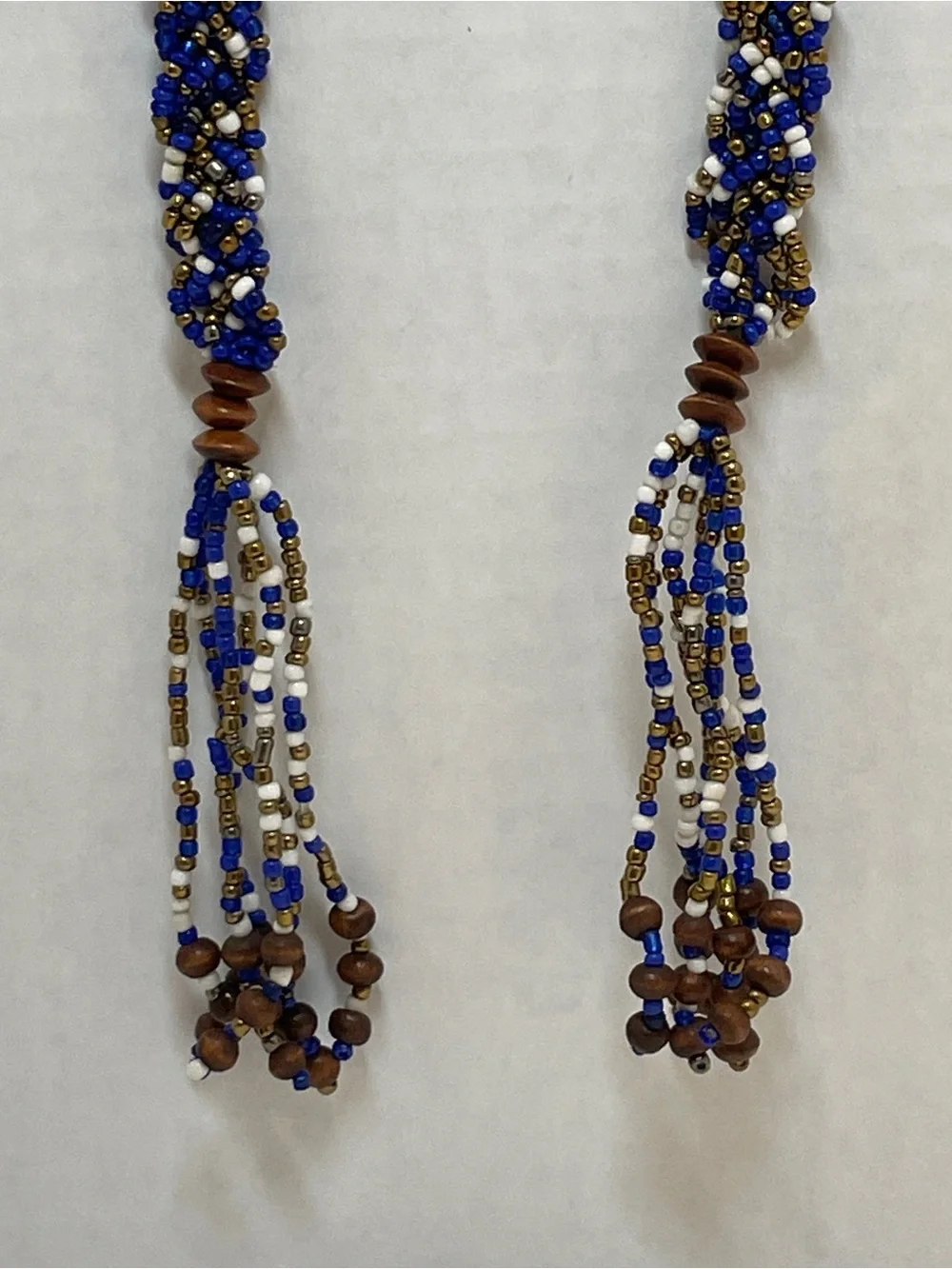 Braided Boho Native Am Style Seed Bead Adjustable Belt Blue Cream Brass, 60”